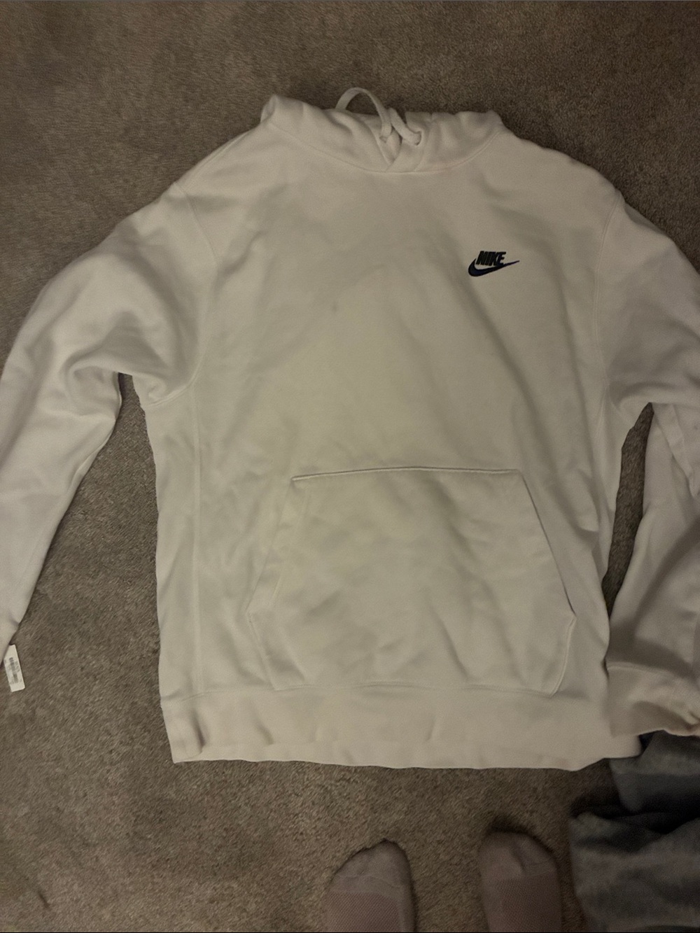 Nike Men's White Pullover Hoodie with Black Swoosh